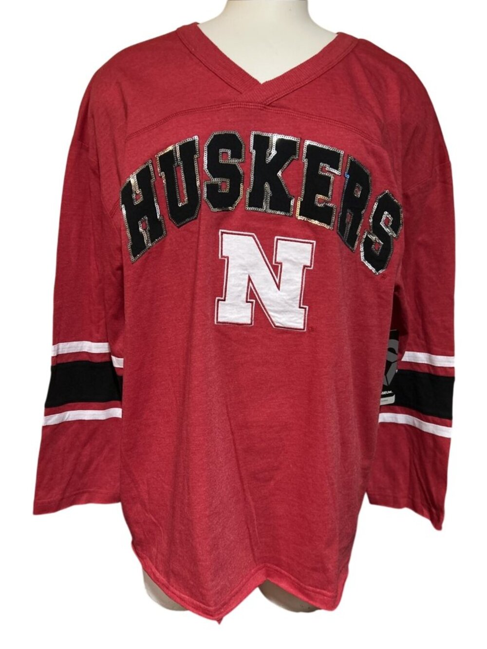 NEW Nebraska Cornhuskers Colosseum Red Sequins V-Neck Shirt Women's M